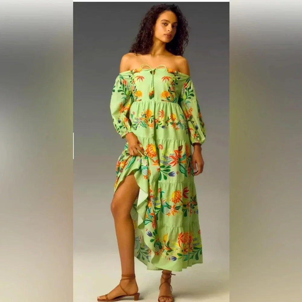 Farm Rio x Anthropologie Off-The-Shoulder Tiered Floral Midi Dress | NEW | XXS